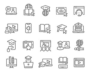 Online education icon set. Collection of linear simple web icons such as online education, mentor, online student, video and audio courses, distance learning, group classes and more. Editable vector