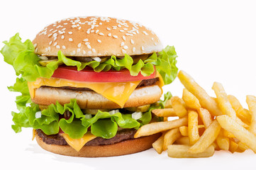 hamburger with French fries on a white background