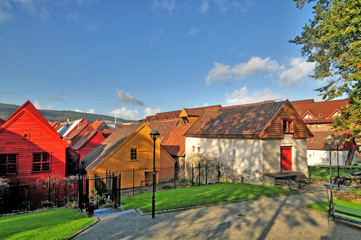 Fototapeta na wymiar View of historical buildings in Bryggen- Hanseatic wharf in Bergen, Norway. UNESCO World Heritage Site