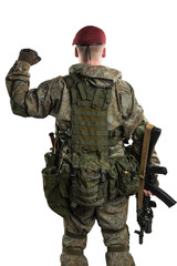 Male in russian mechanized infantry uniform isolated with clipping path on white background.