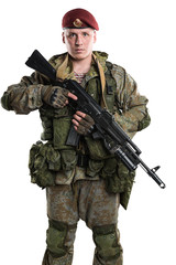 Male in russian mechanized infantry uniform isolated with clipping path on white background.