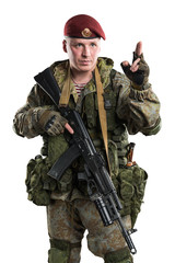 Male in russian mechanized infantry uniform isolated with clipping path on white background.