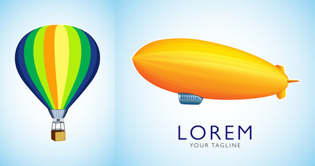 Hot air balloons and blimp. Vintage airship Zeppelin. Dirigible balloon. Vector illustration © master_andrii