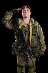 Male in russian mechanized infantry uniform isolated with clipping path on black background.