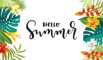 Fototapeta na wymiar Hello Summer calligraphy card. Horizontal summertime banner, poster with exotic tropical leaves, flowers. Bright jungle background. Vivid colors. Hawaiian beach party backdrop