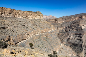 View at mountain flank at Balcony Walk W6 above Wadi Nakhar, Jebel Shams, Oman