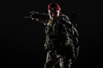 Male in russian mechanized infantry uniform isolated with clipping path on black background.