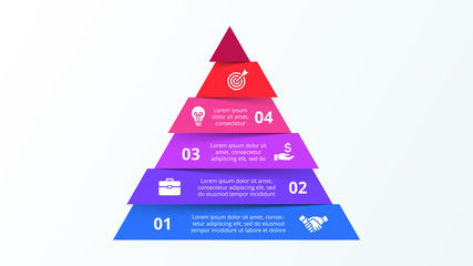 Infographic pyramid template with six strip elements. Concept of 6 steps of business strategy. Clean vector illustration for presentation.