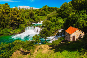 Fototapeta na wymiar Majestic Krka National Park with stunning waterfalls, Skradin, Dalmatia, Croatia