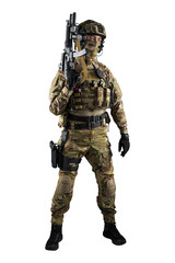 Soldier holding assault rifle. Uniform conforms to special services of the Russian Federation. Shot in studio. Isolated with clipping path on white background