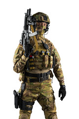 Soldier holding assault rifle. Uniform conforms to special services of the Russian Federation. Shot...