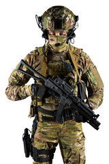 Soldier holding assault rifle. Uniform conforms to special services of the Russian Federation. Shot in studio. Isolated with clipping path on white background