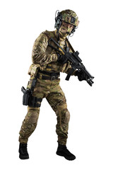 Soldier holding assault rifle. Uniform conforms to special services of the Russian Federation. Shot in studio. Isolated with clipping path on white background