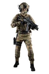 Soldier holding assault rifle. Uniform conforms to special services of the Russian Federation. Shot in studio. Isolated with clipping path on white background