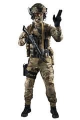 Soldier holding assault rifle. Uniform conforms to special services of the Russian Federation. Shot in studio. Isolated with clipping path on white background