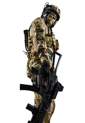 Fototapeta na wymiar Soldier holding assault rifle. Uniform conforms to special services of the Russian Federation. Shot in studio. Isolated with clipping path on white background