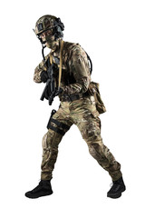 Soldier holding assault rifle. Uniform conforms to special services of the Russian Federation. Shot in studio. Isolated with clipping path on white background