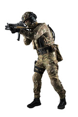 Soldier holding assault rifle. Uniform conforms to special services of the Russian Federation. Shot in studio. Isolated with clipping path on white background