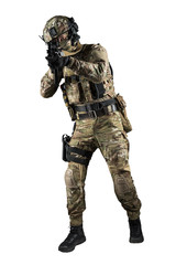 Soldier holding assault rifle. Uniform conforms to special services of the Russian Federation. Shot in studio. Isolated with clipping path on white background
