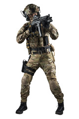 Soldier holding assault rifle. Uniform conforms to special services of the Russian Federation. Shot in studio. Isolated with clipping path on white background