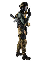 Soldier holding assault rifle. Uniform conforms to special services of the Russian Federation. Shot in studio. Isolated with clipping path on white background