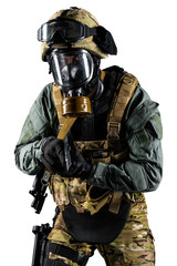 Soldier holding assault rifle. Uniform conforms to special services of the Russian Federation. Shot...