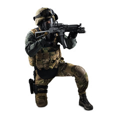 Soldier holding assault rifle. Uniform conforms to special services of the Russian Federation. Shot...