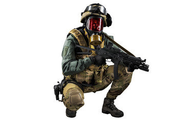 Soldier holding assault rifle. Uniform conforms to special services of the Russian Federation. Shot in studio. Isolated with clipping path on white background
