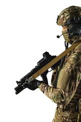 Soldier holding assault rifle. Uniform conforms to special services of the Russian Federation. Shot...