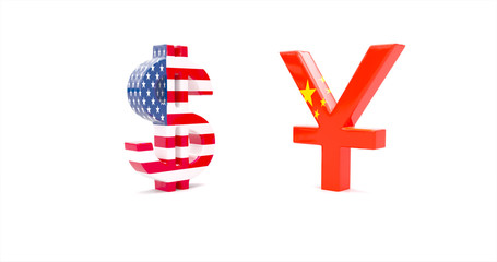 Currency symbol Yuan and Dollar isolated on white background. 3D illustration