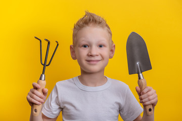 Little boy like a gardener with garden tools copy space