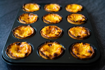 Pasteis de Nata or Belem Tart. Portuguese Custard made with Egg, Cinnamon, Sugar and Flour in Muffin Tray / Cupcake Mold.