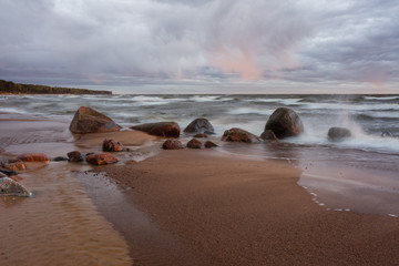 Fototapeta na wymiar City Tuja, Latvia. Baltic sea with rocks and sand. Travel photo.