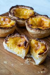 Pasteis de Nata or Belem Tart. Portuguese Custard made with Egg, Cinnamon, Sugar and Flour on Wooden Plate.