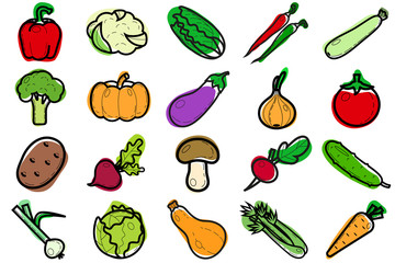 Set of vegetable icons. Modern bright icons in flat style, eco, healthy food, fresh vegetables. Vector illustration.