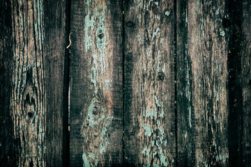 Wet, dirty wooden fence with leftover paint.