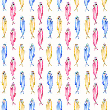 Seamless watercolor pattern of Sardine shoal fish.Lisbon traditional portugese food festival. Atlantic ocean animal symbol. Colony of small fish for seafood menu, print on fabric, web page backgrounds