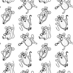 Seamless pattern with detective mice. Animalistic vector background. White and black tones