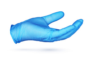 Hand in blue protective glove holding something isolated on white
