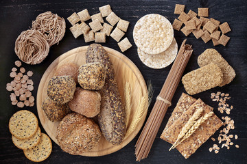 Dietary fibre health food with wholegrain bread, crackers, pasta & cereals. High in antioxidants,...