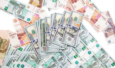 Dollars and Russian rubles on the table as background