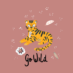 Poster with cute tiger and tropical plants. Cartoon childish style, good for fabric and textile, wallpapers and more. Creative jungle bright animals. Vector editable.