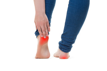 Pain in woman's legs, massage of female feet isolated on white background