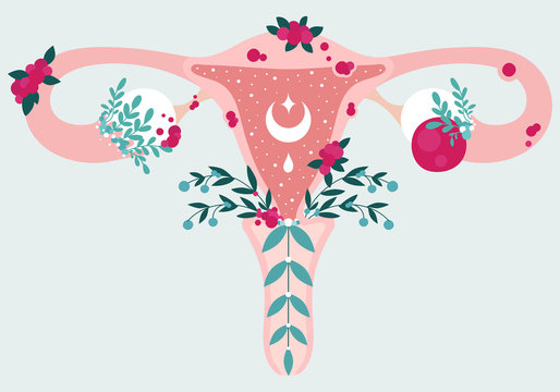 So fragile Women health - Uterus in flowers diagram. Anatomical scheme endometriosis and ovarian cyst - endometrioma. Foci endometrial disease in womb. Fantastic pic of female reproductive system