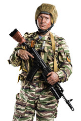 Male in uniform conforms to Russian army special forces (OMON) in War in Chechnya. Isolated on white background