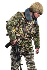 Fototapeta premium Male in uniform conforms to Russian army special forces (OMON)&nbsp;in War in Chechnya. Isolated on white background