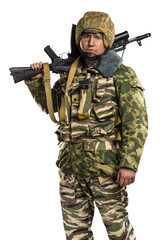 Male in uniform conforms to Russian army special forces (OMON) in War in Chechnya. Isolated on white background