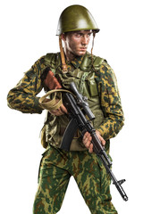 Fototapeta premium Male in uniform conforms to Russian army special forces (OMON)&nbsp;in War in Chechnya. Isolated on white background