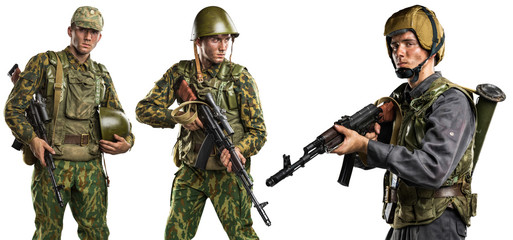 Male in uniform conforms to Russian army special forces (OMON) in War in Chechnya. Isolated on...