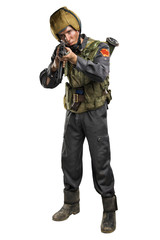 Male in uniform conforms to Russian army special forces (OMON) in War in Chechnya. Isolated on white background